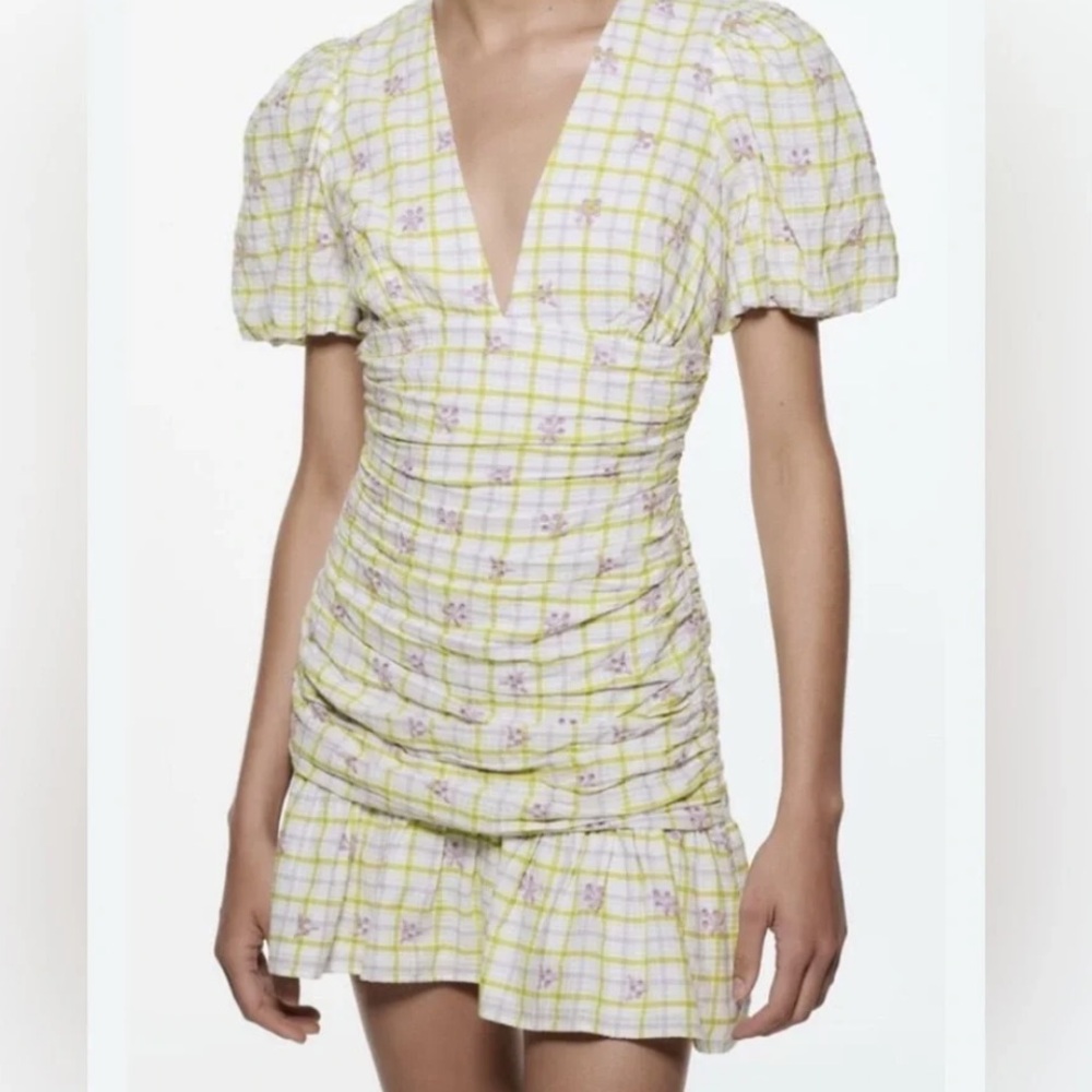 Zara XS NWT Plaid V-Neck Mini Dress Green